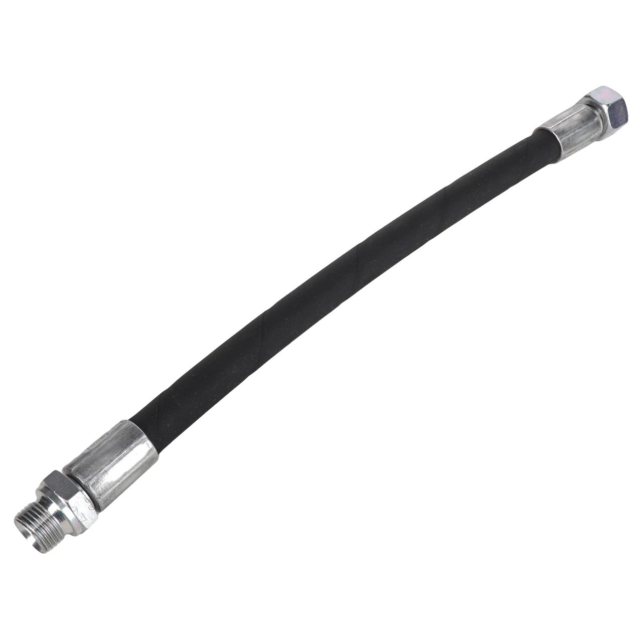 The AGCO | HOSE - AL5050252 is a flexible black hydraulic hose equipped with metal fittings on both ends, displayed against a white background. No current product description information is available.