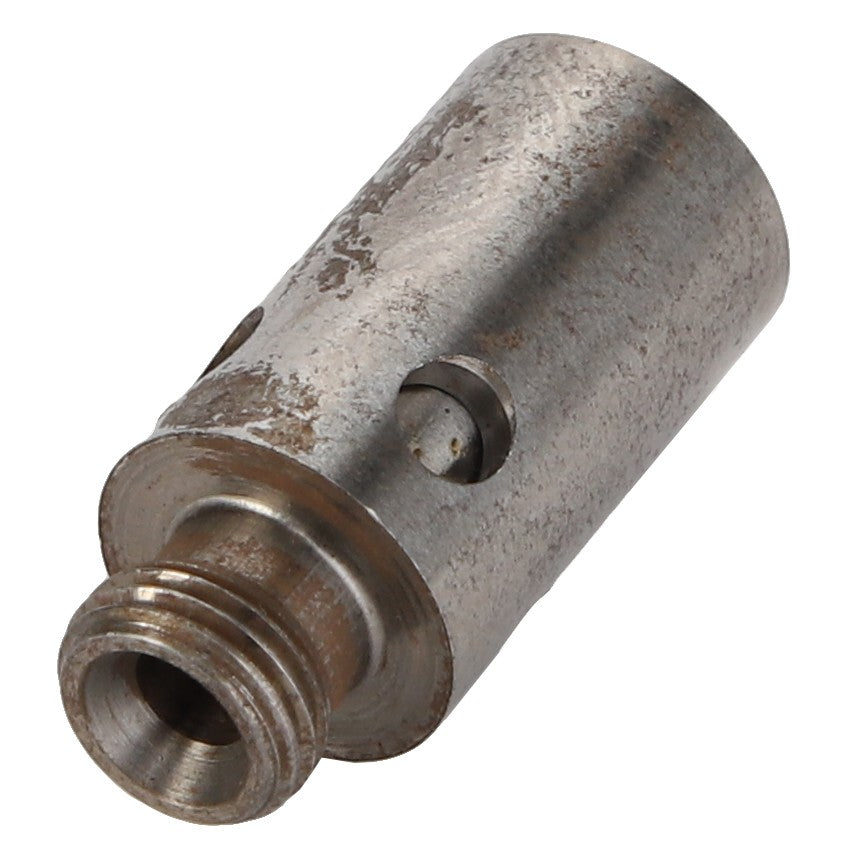 Close-up of the AGCO CHECK VALVE - F716951030010, a cylindrical metal component with a threaded end and side hole. The surface appears slightly worn and scratched. No current product description information is available.