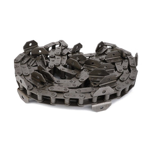 The AGCO Chain, Front Elevator Feeder Chain - D28285326, is a coiled industrial metal chain with multiple interconnected links and plates, engineered by AGCO for superior performance in machinery.