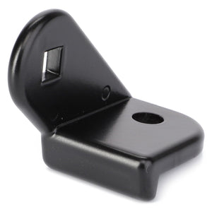 A black metal bracket with two holes, one rectangular and one circular, designed for mounting engineered mirror parts compatible with Massey Ferguson models, specifically the AGCO Mirror Bracket, Left - 3105257M2.