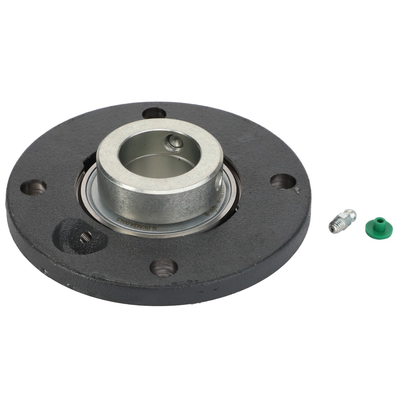 Product Overview: The AGCO Bearing and Flange Assembly (D41707801) is a pre-assembled round mechanical component featuring a central metal cylinder surrounded by a black circular base equipped with three bolt holes. Alongside the bearing, a small green cap and a metal fitting are included.