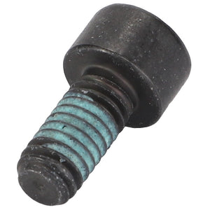 Close-up of an AGCO Socket Head Setscrew - Acw1064140 with a black hex socket cap and a threaded section featuring blue coloration, possibly due to threadlocker or anti-seize compound. Note: No additional product description available.