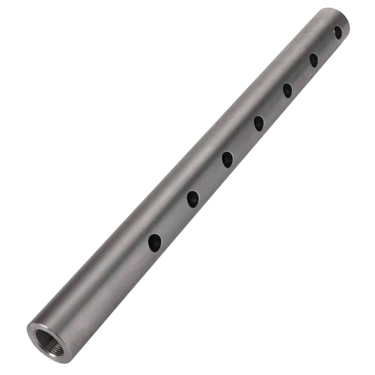 The AGCO | Tie Rod - Acx0025070, manufactured by AGCO, is a cylindrical metal rod featuring multiple evenly spaced holes along its length.