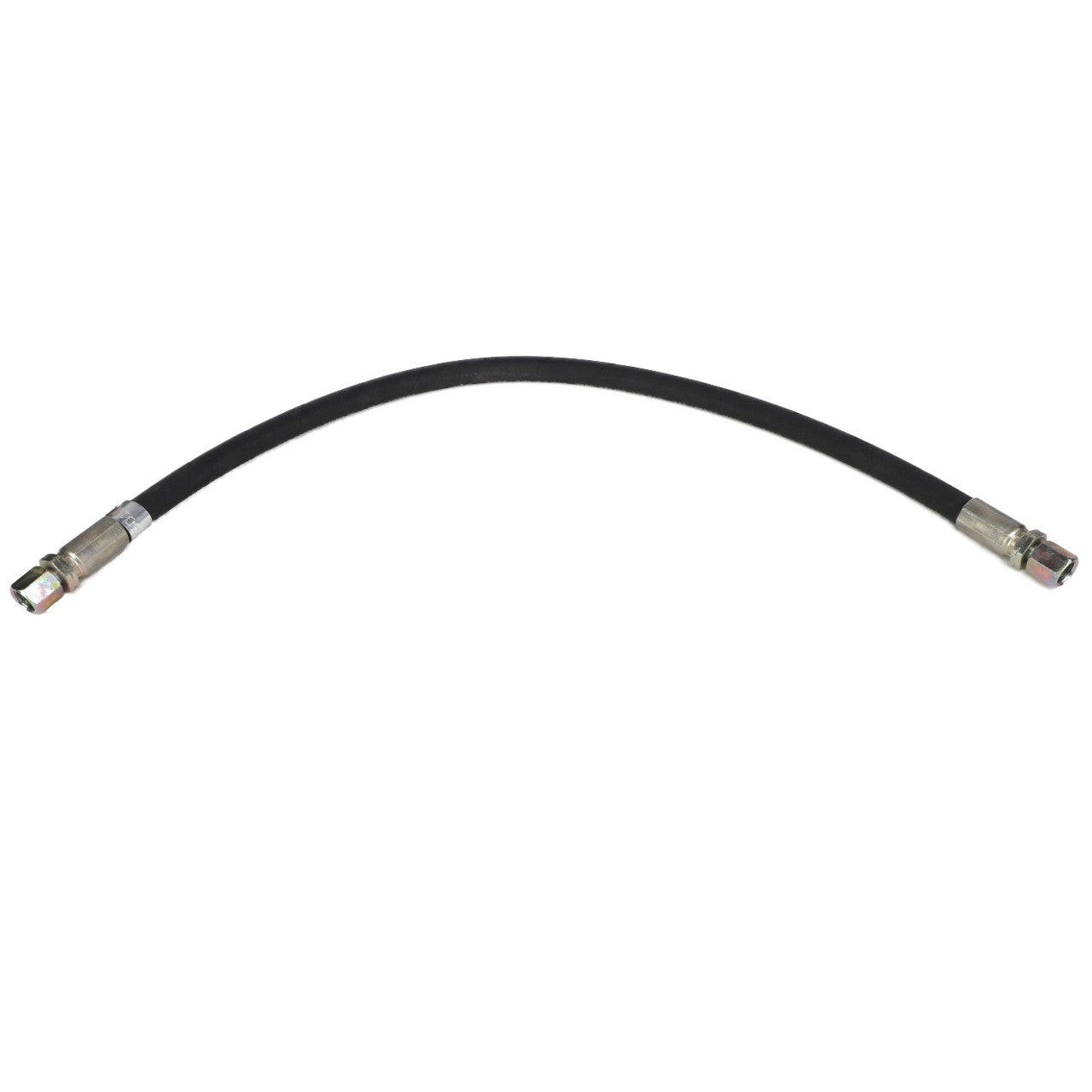 AGCO | HYDRAULIC HOSE - AG220601 by AGCO: a black flexible hose with metal fittings on both ends, slightly curved.