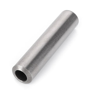 An AGCO Valve Guide, model V836136051, characterized by its sleek, cylindrical metal tube with a hollow center and smooth surface, rests at an angle on a pristine white background.