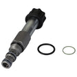 The AGCO Proportional Valve - ACW0827180 features a metal hydraulic construction, a black knob, and two separate O-rings (one black and one green), but lacks additional product description information to provide more relevant contextual keywords.