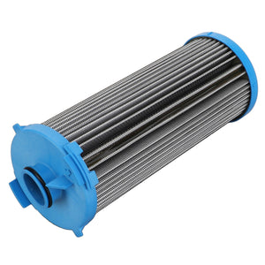 The AGCO Hydraulic Filter Cartridge - Acx0102830 is a blue, cylindrical filter with a pleated metal mesh, ideal for maintaining hydraulic components and extending equipment service life.