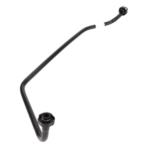 Product Description: The AGCO Coolant Line - Acw2088200 is a black, bent metal tube equipped with connectors at both ends, designed for fluid or air transfer in vehicle systems.