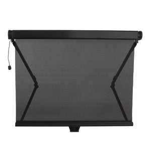 The AGCO WARNING DECAL - ACP0539990 by AGCO is a black retractable window shade with a pull cord on the left side, designed to ensure privacy and light control, featuring durable quality ideal for use in cab parts.