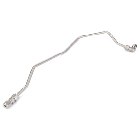 The AGCO Fuel Pipe - 4226911M1 is a metal tube with angled bends and fittings on both ends, designed for fluid or gas transfer in an industrial system, compatible with leading machinery brands like Fendt.