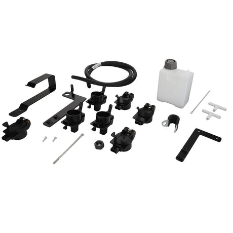 A collection of black mounting brackets, plastic clamps, screws, a bottle, and a hose positioned against a white background from AGCO's Oil Collector - Acw051169A.