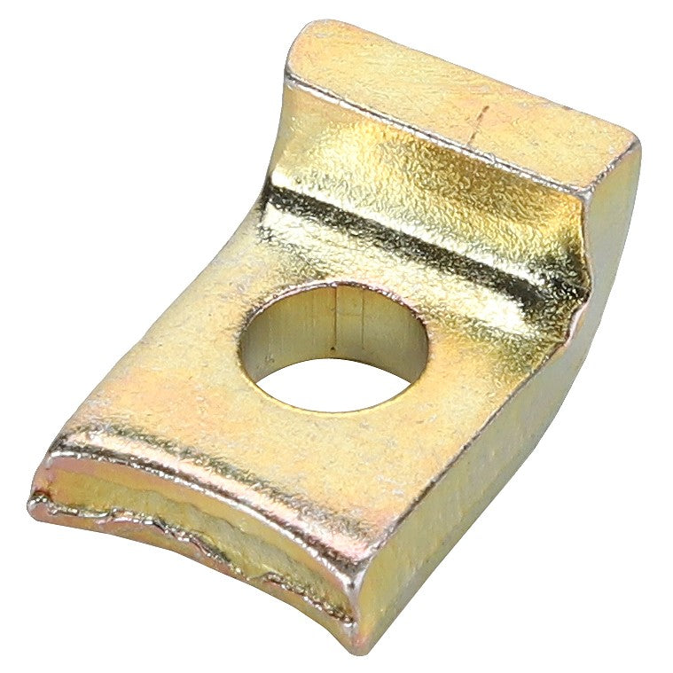 AGCO | Clip - F149200710240: A small, golden-colored metal bracket with a curved shape and a central hole, branded by AGCO.