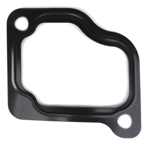 The AGCO Seal, Oil Cooler - F934201090280 is a black rubber automotive gasket with an asymmetrical shape and two bolt holes, making it ideal for maintenance repair using genuine seals.