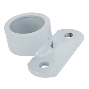 The AGCO BEARING BUSH - D28284458, by AGCO, is a white metal bracket featuring two mounting holes and a cylindrical holder, designed for securing a rod or pipe. Currently, no further product description information is available.