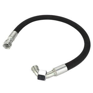 The AGCO | Hydraulic Hose - Acw2214080 is a black, abrasion-resistant hydraulic hose equipped with metal fittings on both ends, including a 90-degree bend fitting on one end.