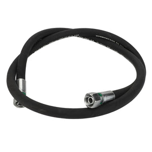 The AGCO Hose - Acw6166820 by AGCO is a black hydraulic hose featuring metallic connectors at both ends, coiled in a loop. No current product description information is available.