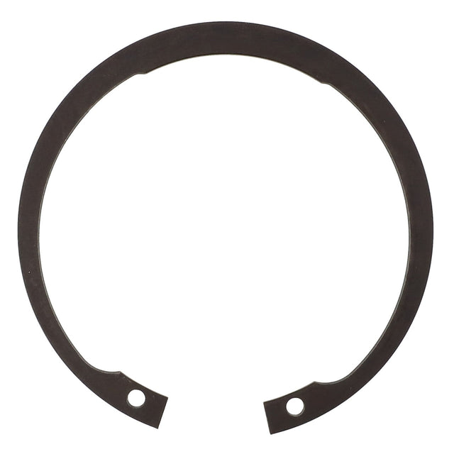 The AGCO | Internal Retaining Ring - 355988X1, a black circular ring with two small holes at the ends, is used for securing components in mechanical assemblies and is compatible with Fendt Models.