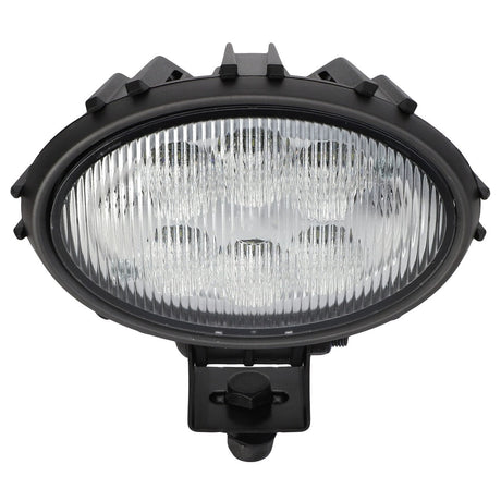 A black, oval-shaped AGCO worklight (model Acw5176070) with a ribbed glass lens and mounting bracket, compatible with various Massey Ferguson models.