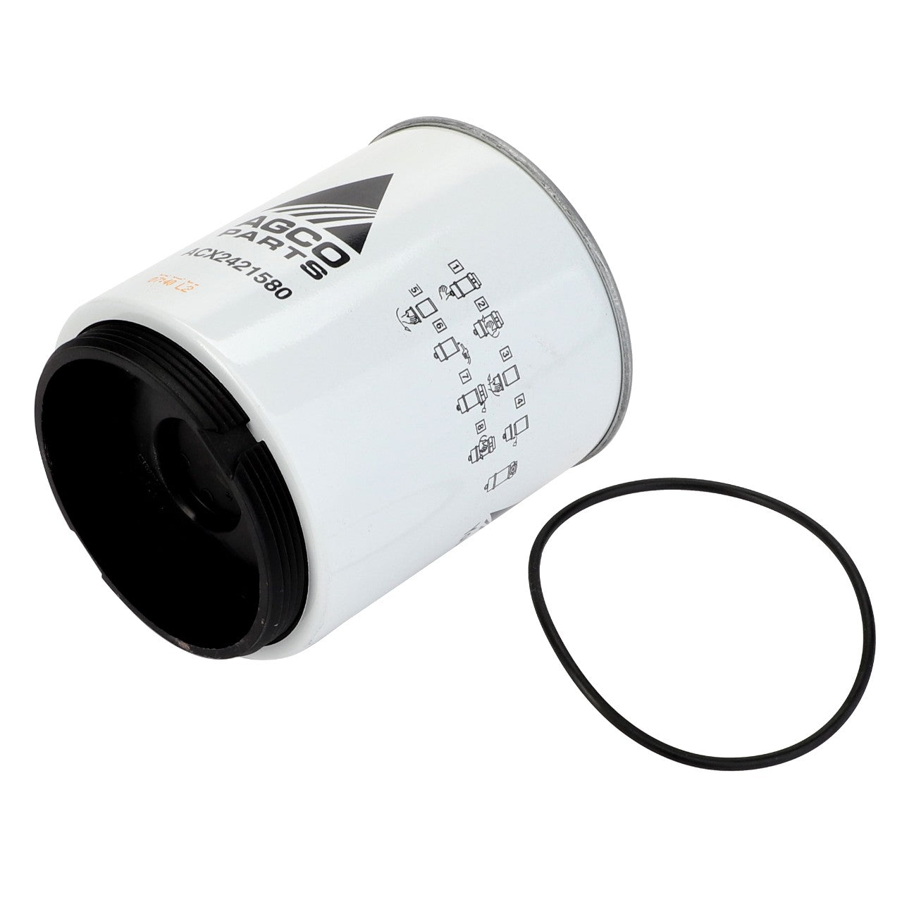 An AGCO Fuel Filter Spin On - Acx2421580, a cylindrical white filter cartridge with a black gasket ring beside it, marked with technical specifications and part numbers, showcases the advanced design of AGCO Fuel Filters. This fuel-filter-water-separator ensures cleaner fuel for superior engine performance.