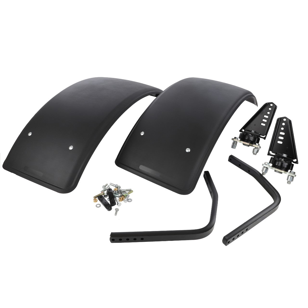 A pair of black motorcycle fenders, metal brackets, and assorted bolts and screws from the AGCO Front Mudguard Kit - Acw090170A are laid out on a white surface. No current product description information is available.