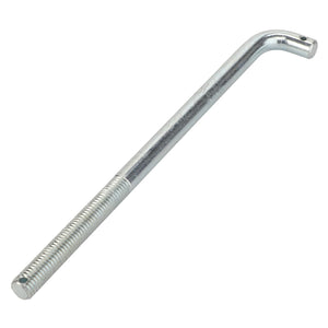 Currently, no product description is available for the AGCO | BOLT - D26733982, a metallic L-shaped hook bolt featuring a threaded end and a smooth end with a hole.