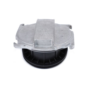 Image of an AGCO Filter Housing - 4285176M91, featuring a blend of metal and black plastic parts. This mechanical component has a circular base topped with a metal section that includes two small notches, likely designed for integration into a hydraulic system or vehicle.