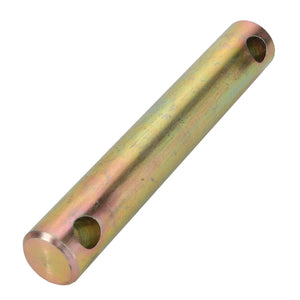 An AGCO PIN - V30925000 cylindrical metal rod with a yellowish hue, featuring two parallel holes drilled through its sides.