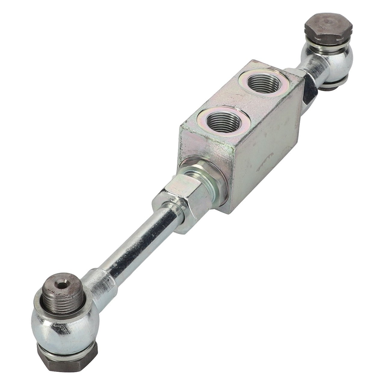 The AGCO | Lock Valve - Acp0372090, a reliable metal hydraulic fitting branded by AGCO, features two center ports and threaded ends for secure connection solutions.