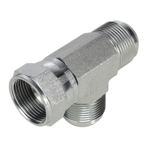 The AGCO TEE FITTING - AG562390 is a metal, T-shaped pipe fitting with threaded ends on all three sides, featuring a Female JIC Swivel for secure connections in plumbing systems.