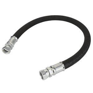 The AGCO Hose - Acp0154990 is a versatile black hydraulic hose featuring metal connectors on both ends, engineered for fluid transfer and high-pressure applications. No current product description available at the moment.