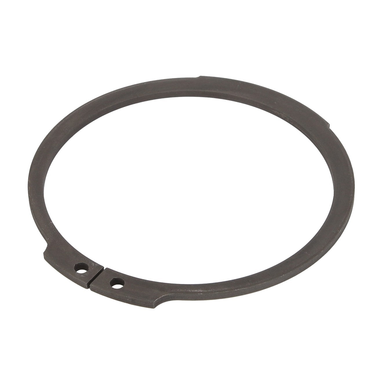 The AGCO CIRCLIP - D42506800 is a circular, flat metal ring featuring two small holes near the opening, making it ideal for effortlessly securing various components together.