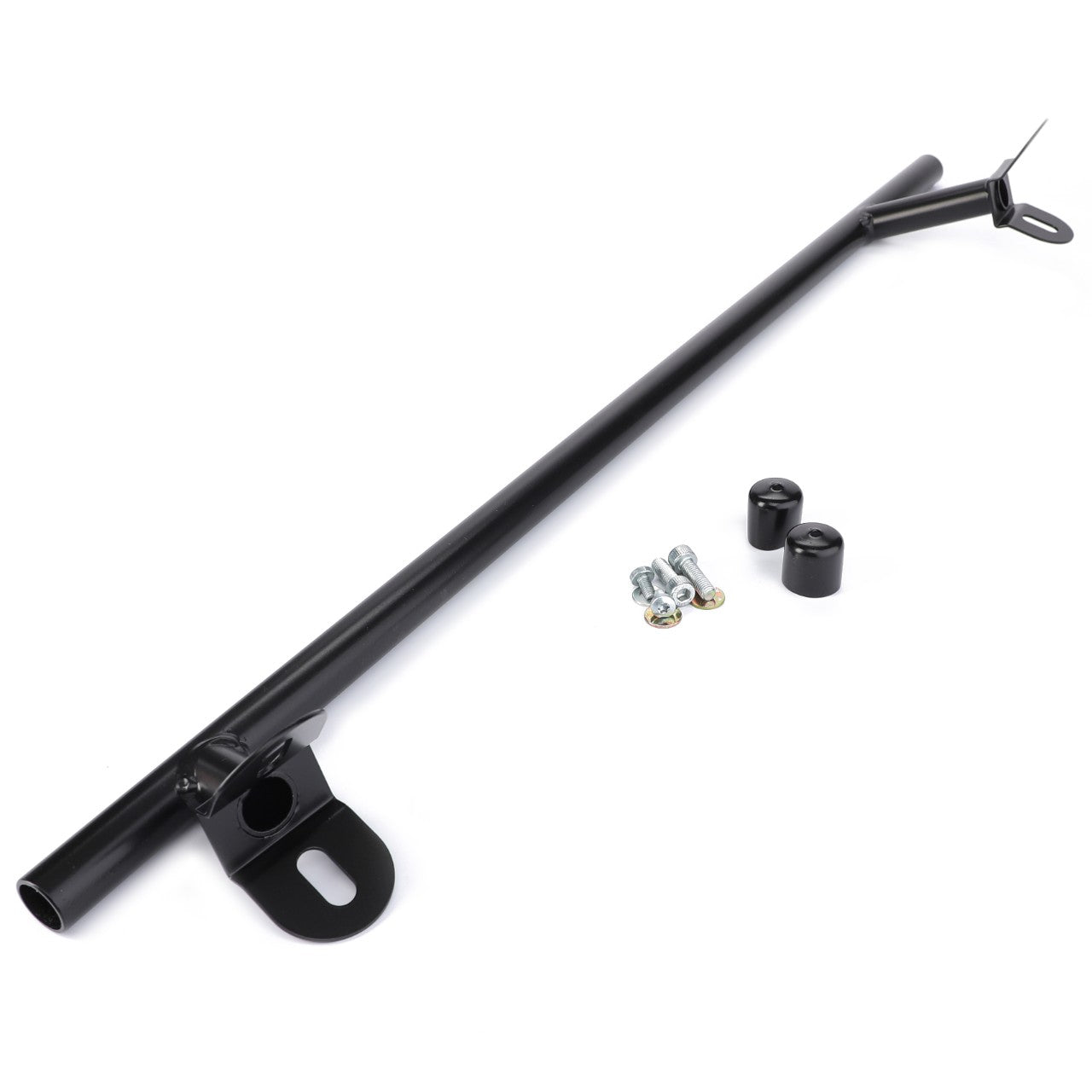 An AGCO Kit, Repair - 4383302M11 consisting of a black metal rod with mounting brackets and additional components, compatible with Fendt fitment, is laid out on a white surface.