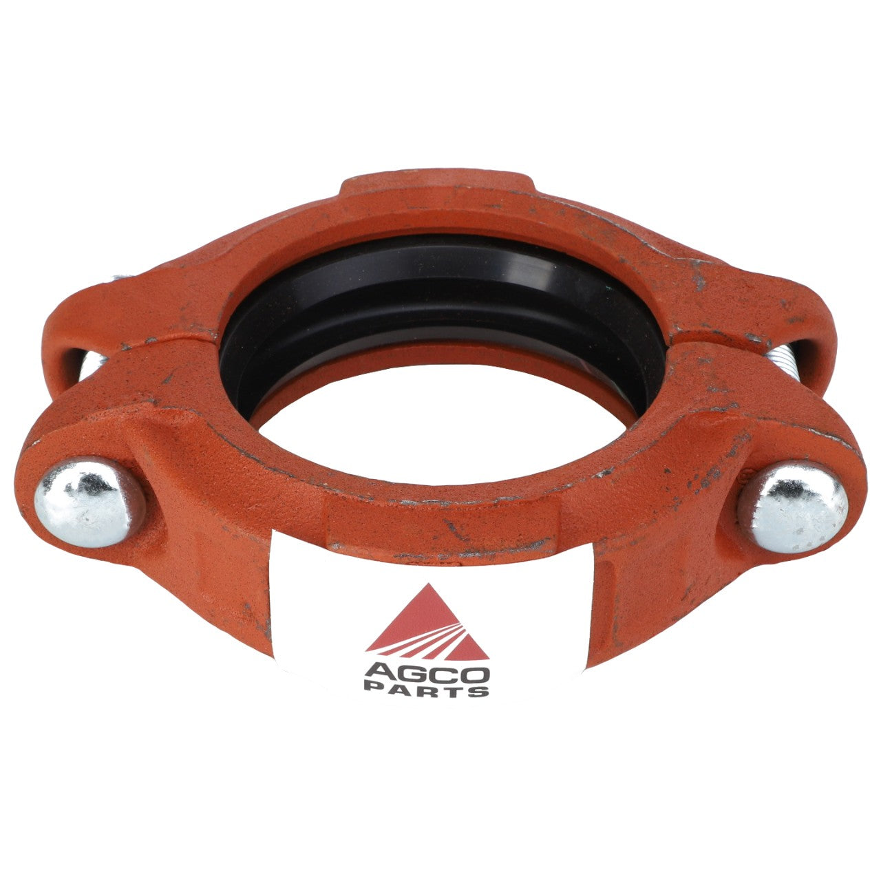 The AGCO | COUPLING - AG524577 is an orange machinery component from AGCO Genuine Parts, featuring metal bolts and a black rubber ring designed for vibration resistance, complete with an AGCO Parts logo.