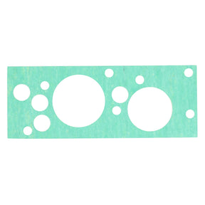 AGCO | Seal - 737100600010, a green rectangular gasket featuring multiple circular cutouts of varying sizes, designed for compatibility with Massey Ferguson Dyna-VT systems.