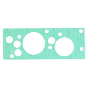 AGCO | Seal - 737100600010, a green rectangular gasket featuring multiple circular cutouts of varying sizes, designed for compatibility with Massey Ferguson Dyna-VT systems.