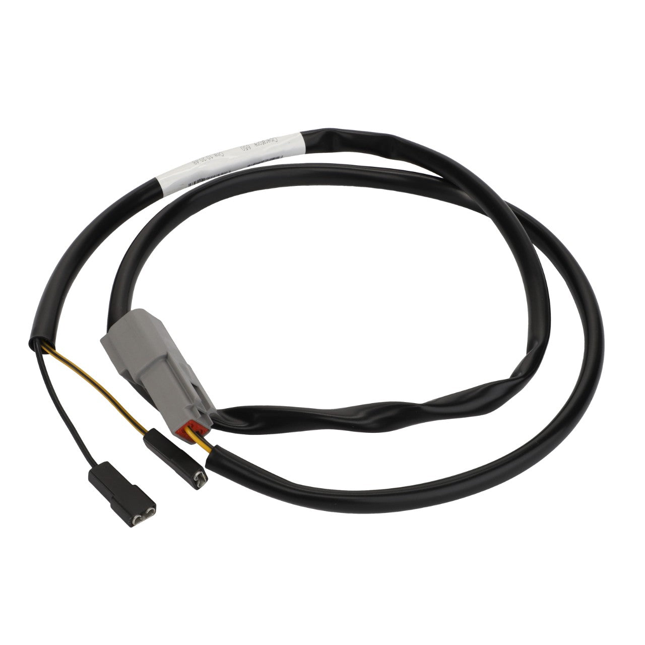 The AGCO Wiring Harness - Acp0678520 is a black electrical cable featuring a gray connector on one end and two smaller black connectors on the other, neatly coiled into a loop.