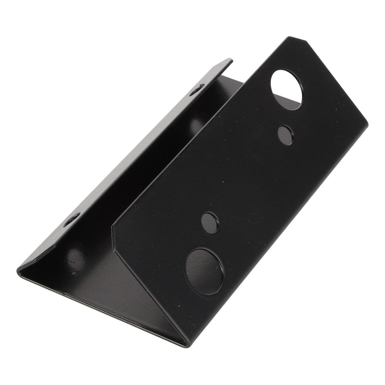 The AGCO BRACKET - D28781364 is a sleek black metal bracket that features multiple circular holes of various sizes.