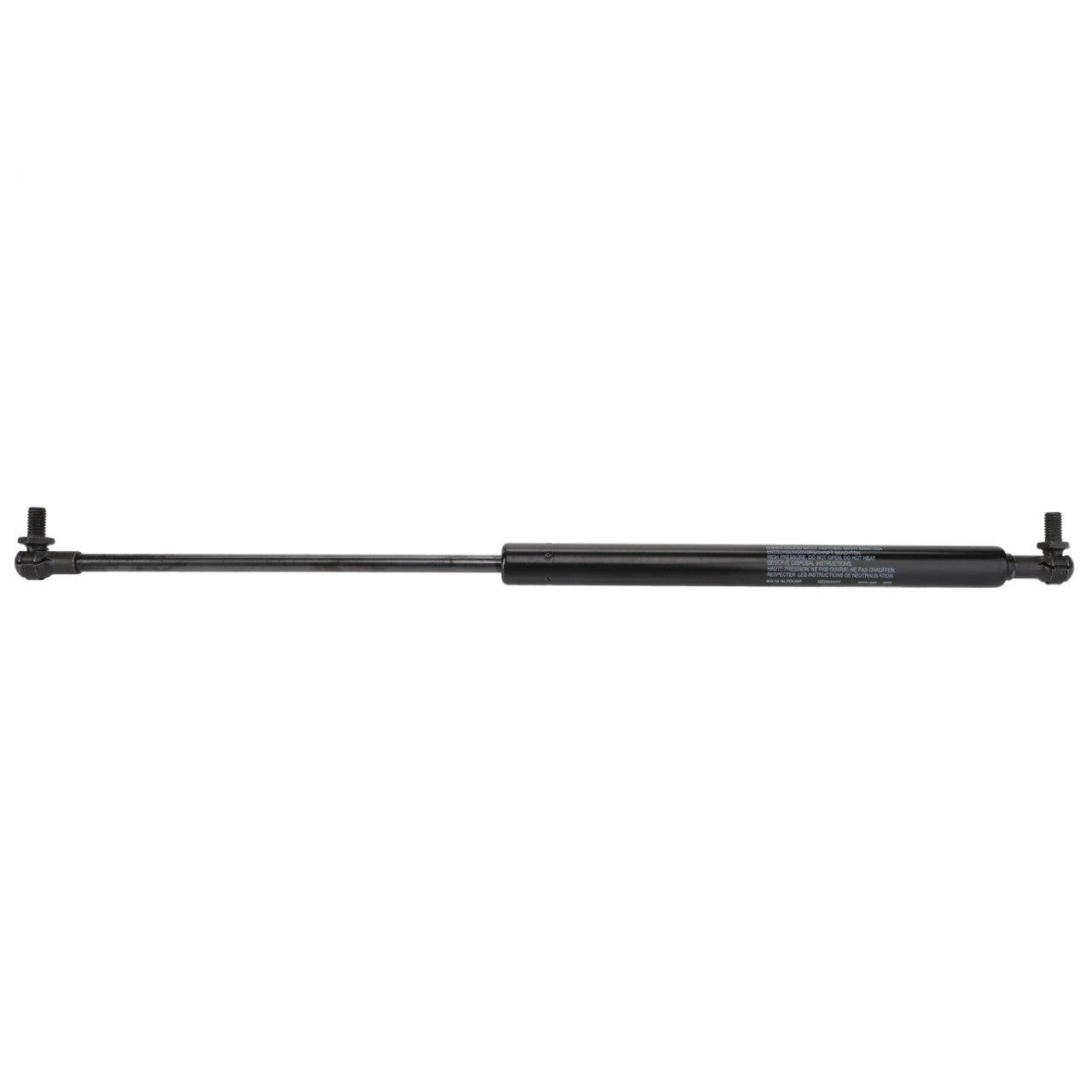 The AGCO Gas Fill. Damper - Fel141947 is a black gas strut equipped with metallic connectors on both ends, designed to support and control the movement of hoods, lids, and other heavy objects. No current product description available matches this level of detail and precision.