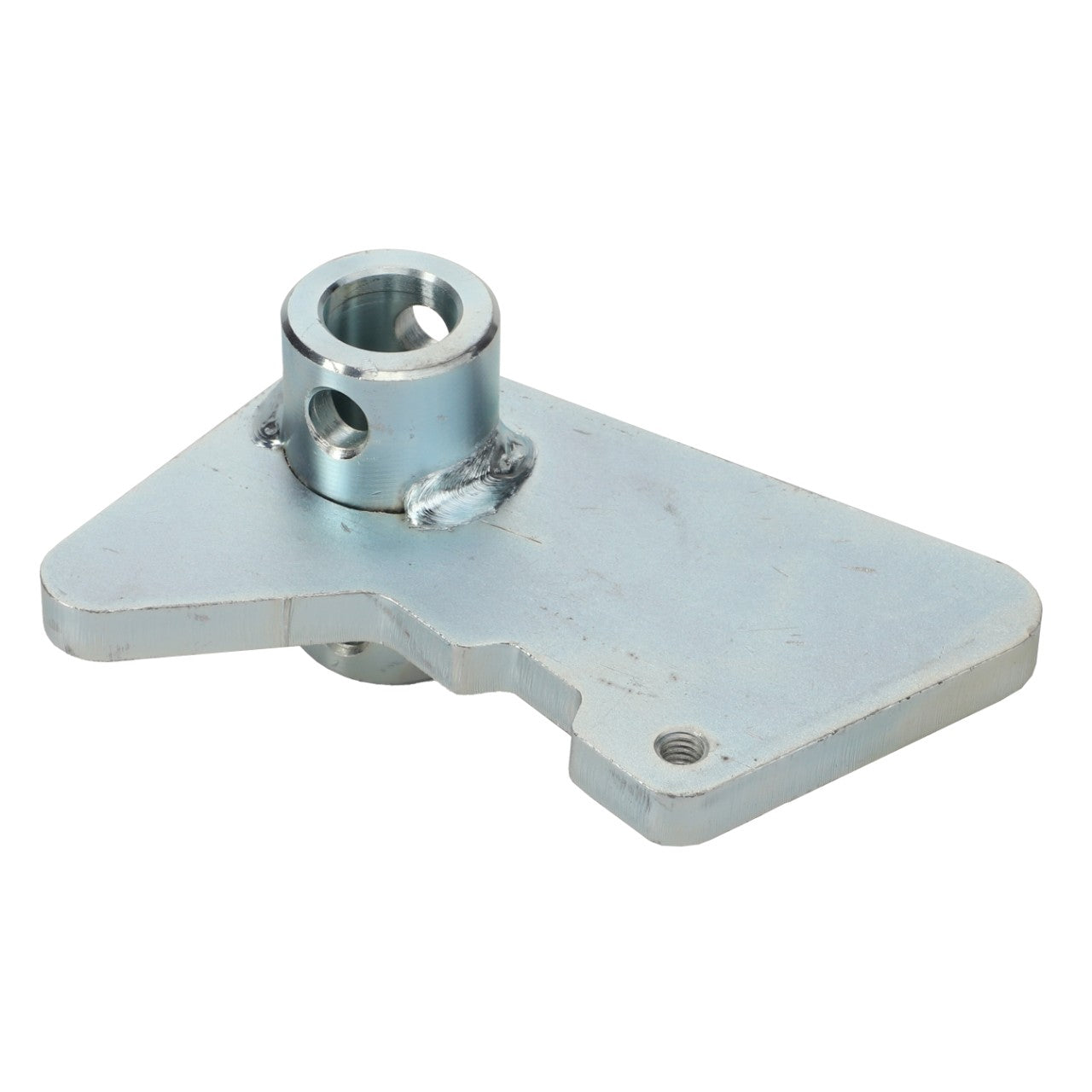 Introducing the **AGCO | Stop - Acx2457870** by AGCO: This metal bracket features a cylindrical hole and a welded joint, and is mounted on a flat, triangular plate. Unfortunately, no additional product description information is available at this time.