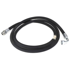 The AGCO | HOSE - ACP0319470 is a coiled black hydraulic hose featuring metal connectors on both ends, with one connector bent at a 90-degree angle, showcasing engineered precision.