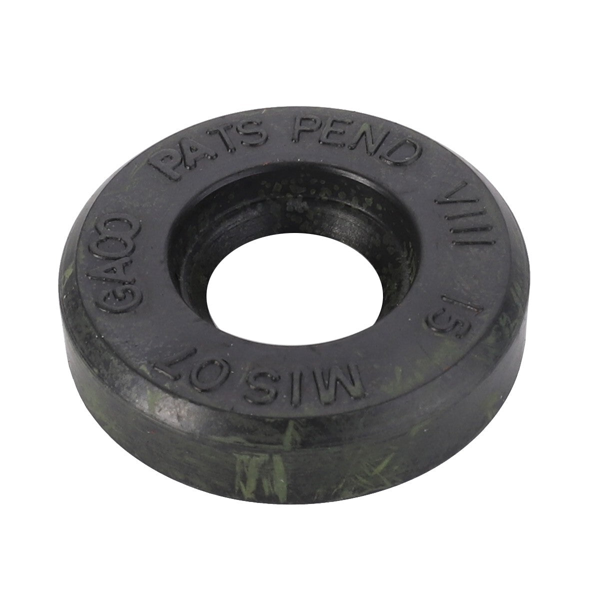 Close-up of a round, black, heavy-duty washer with a large central hole and embossed text "PATS PEND MIS 07 GA00 SIS 151" on its surface, identified as AGCO | Seal - 1850980M1, compatible with Valtra machinery.