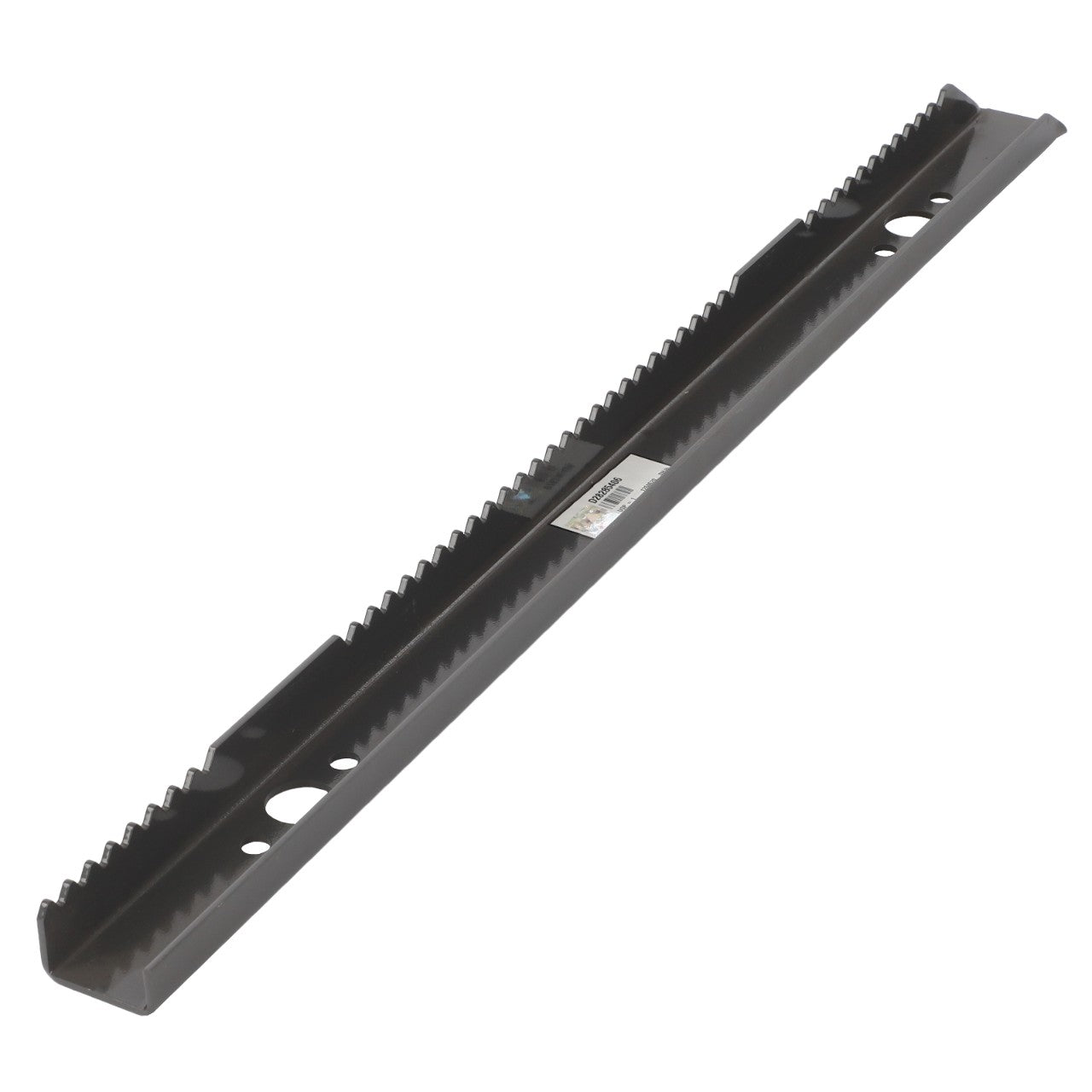 Close-up of an AGCO Chain Feeder Slat, Right - D28285406, with a serrated metal blade featuring multiple holes, viewed from an angled perspective on a white background, showcasing AGCO Parts Genuine craftsmanship for peak efficiency.