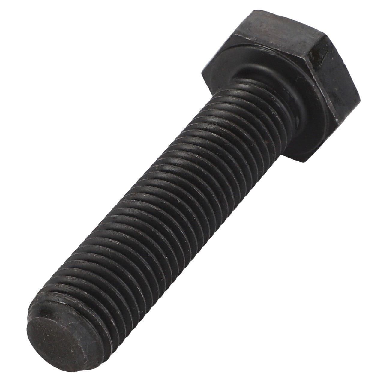 Image of an AGCO Stop Screw - F291300020250, a black, threaded hex bolt lying horizontally against a pristine white background.