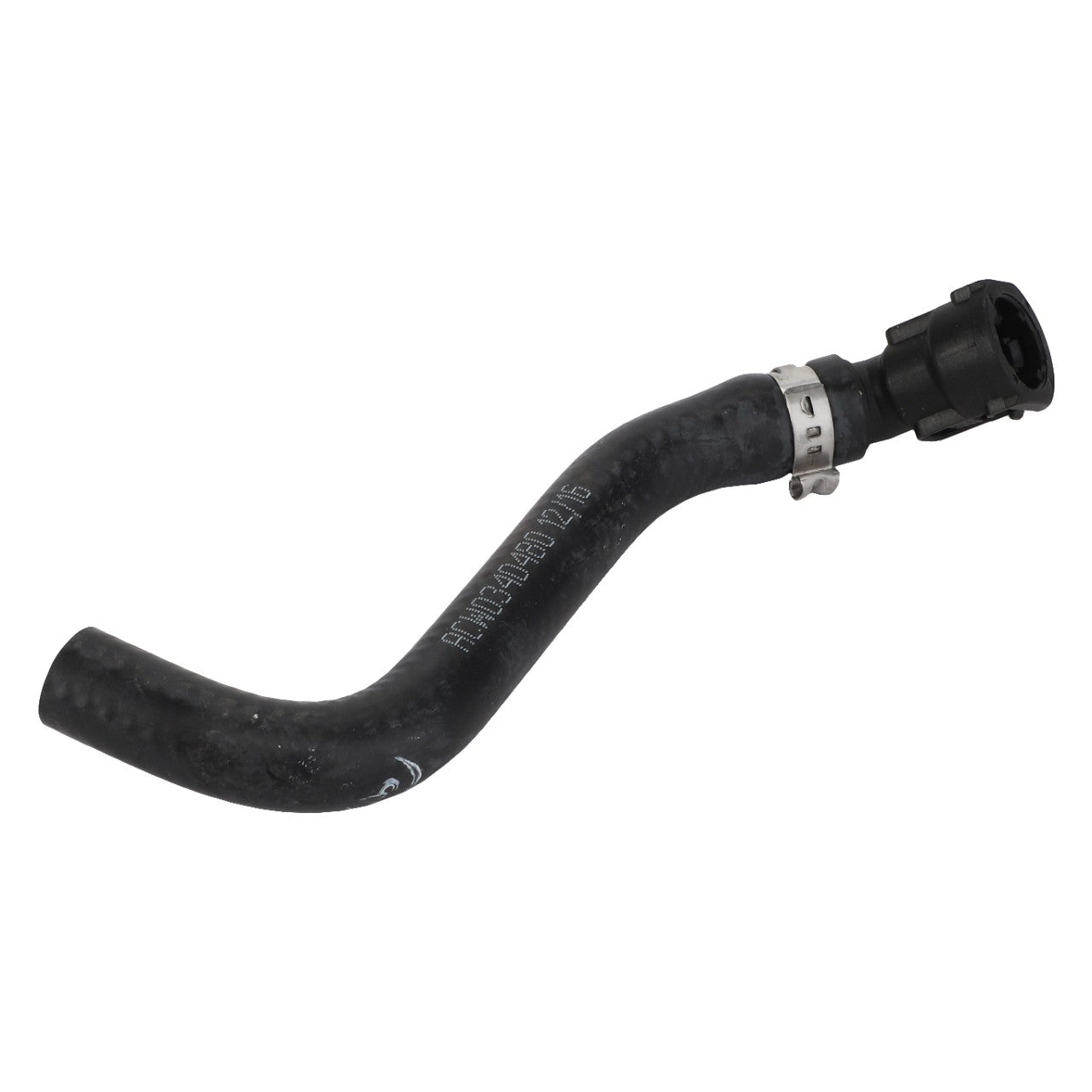 The AGCO Hose - Acw0340480, a durable black rubber hose equipped with a metal clamp and connector, is commonly used in automotive or mechanical systems to ensure reliable performance.