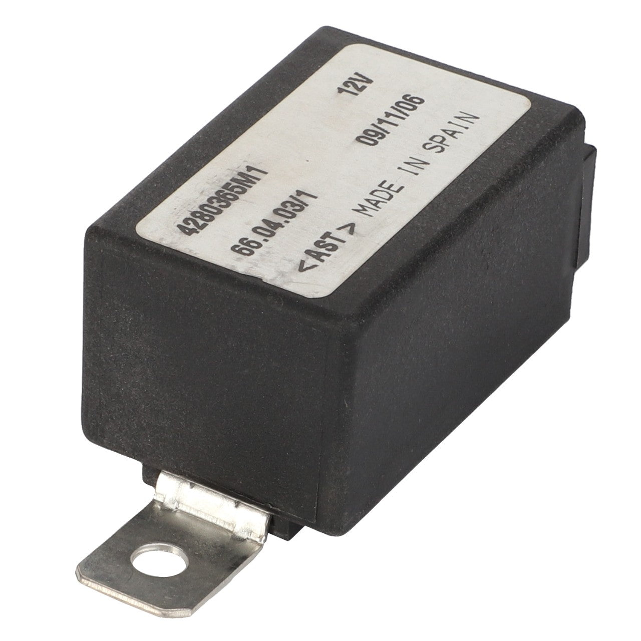 The AGCO | Relay, 12 V - 4280365M1 is a rectangular black electronic component with a white label on top displaying its specifications and marked "Made in Spain." It features a metal tab protruding from one end. This AGCO Parts Genuine Electrics item ensures optimal operating safety and extends service life.