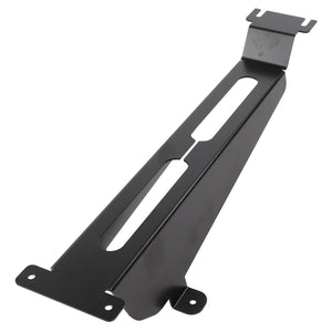 The AGCO Cowl - 4389050M1 is a black metal bracket that includes mounting holes and slots. It has a long, flat midsection with raised ends designed for attachment. No additional product description is available beyond these features from the AGCO brand.
