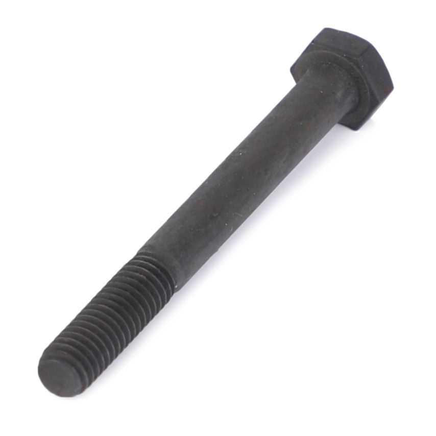 An AGCO Hexagonal Head Bolt - 3010805X1, featuring a black metal body and threaded end, suitable for various tractor models, lies on a white background.