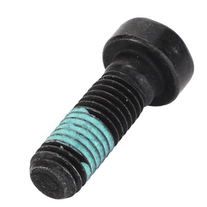 The AGCO Hex Socket Head Capscrew - Acw6791100 features a black screw with a hexagonal head and a blue thread-locking coating on part of its threaded section to ensure durability and secure fastening.