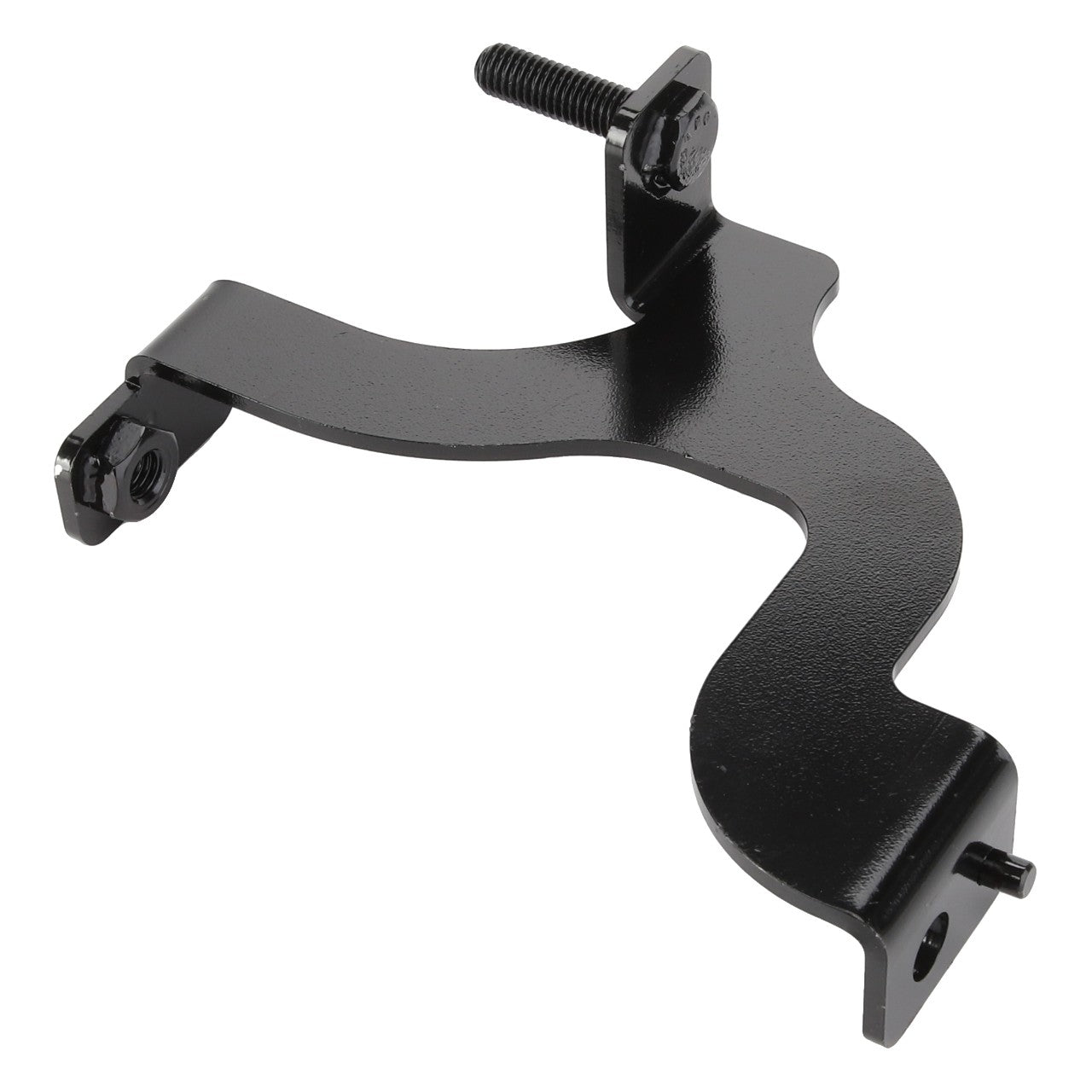 The AGCO Bracket - Acw4948260 by AGCO is a black, curved metal bracket featuring two mounting points and a screw at the top.