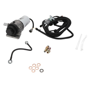 Image shows the AGCO Fuel Pump Assembly Kit (Accessory Code: Acw085956A) including a fuel pump, wiring harness, hoses, connectors, and various small circular seals from the brand AGCO.